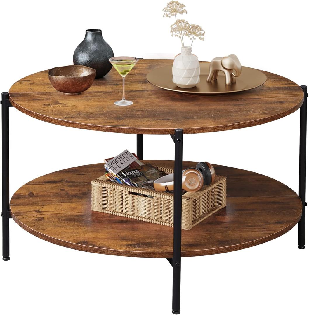 WLIVE Round Coffee Table, 32.6" Small Coffee Table with Storage Shelf, 2-Tier Circle Wood Center Table for Living Room, Apartment, Rustic Brown