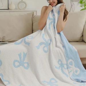Bow Blanket Blue Bows Soft Throw Blanket Reversible Premium Cozy Fabric for Best Comfort - for Infant, Toddler, Newborn, Nursery, Girl, Throw, Crib, Stroller, Gift (Blue Bows, 50x60 in)