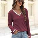 V Neck Long Sleeve Shirts for Women Fall 2025 Casual Business Ribbed Knit Sweater Cute Work Outfits (X-Large, D-wine Red)