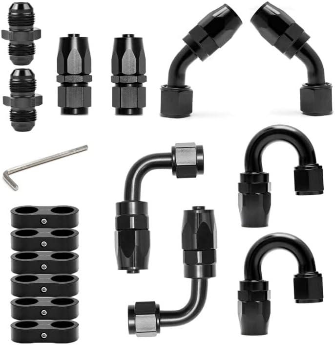 LEDAUT 8AN Swivel Fuel Hose End Fitting Kit - Straight, 45, 90, 180 Fittings & Hose Separator Clamps - Aluminum, Black