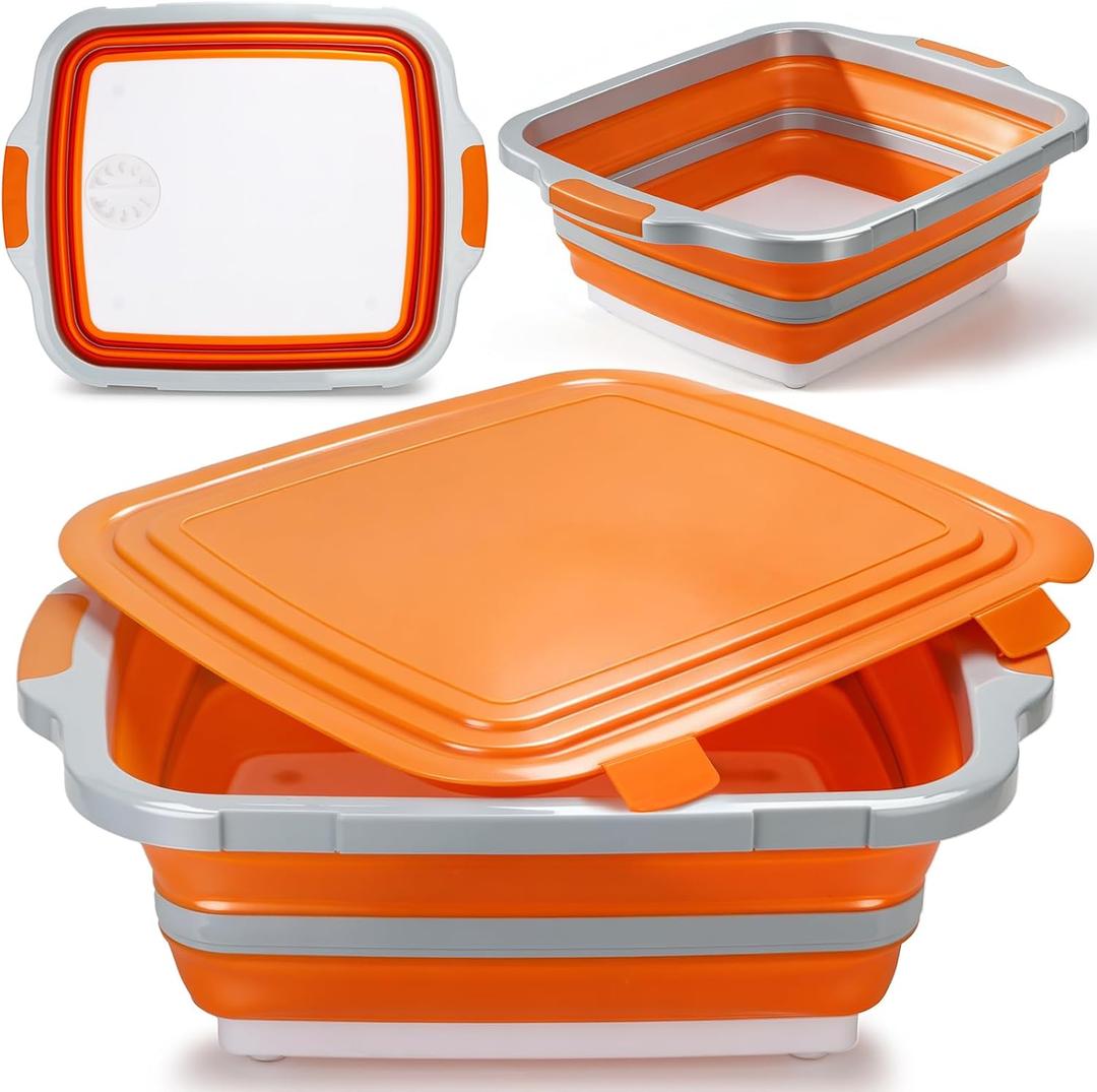 30L Collapsible BBQ Prep Tub with Locking Lid & Cutting Board - Marinade Container Grill Carry System for RV Picnic Tailgate - Portable Wash Basin for Kitchen Camping Sink - Gift for Men Women