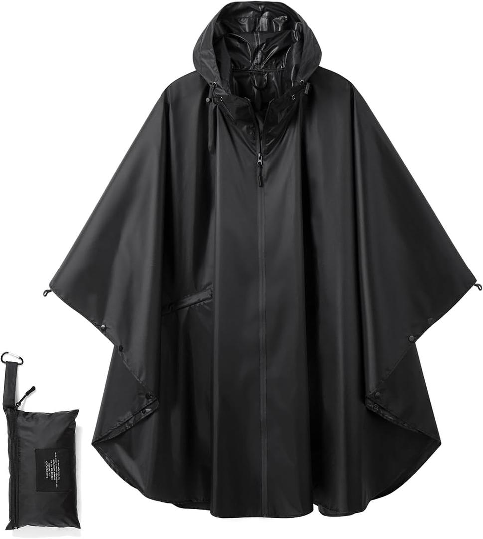 Fashion Hooded Rain Poncho Waterproof Raincoat Jacket with pocket for Women/Men/Adult (One Size, Black)