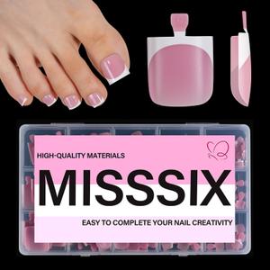 Misssix French Tip Press on Toe Nails, French Square Toe Nail Tips, Soft Gel False Toenail, Acrylic Soak off Fake Toe Nails for Women Nail Art DIY 15 Sizes