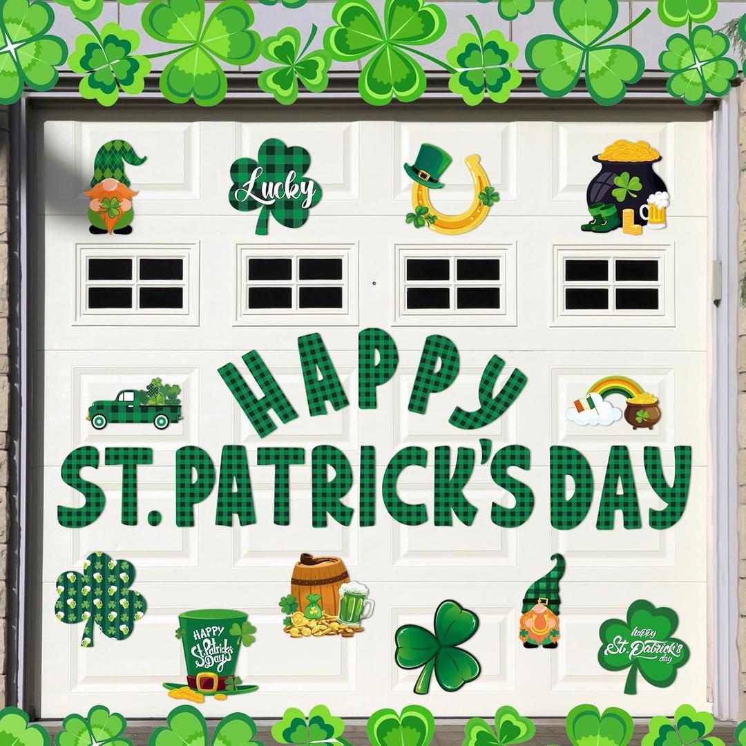 Hoteam 30 Pcs St. Patrick's Day Garage Door Magnets Decoration Irish Party Garage Door Magnet Decals Green Plaid Shamrock Refrigerator Car Magnets Stickers for DIY Decor Party Supplies