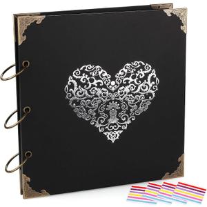 Photo Album DIY Scrapbook, 10x10 inch 50 Pages Double Sided, Vintage Hardcover Three-Ring Binder Picture Booth Albums with 6 Colors 408pcs Self Adhesive Photos Corners for Memory Keep (Black), 10.24 x 10.63 inches