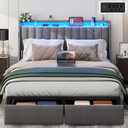 Aelawe Queen Bed Frame with 2 Drawers, Platform Bed Frame with LED Lights and Charging Station, Upholstered Headboard, Heavy Duty Metal Slats, No Box Spring Needed, Noise Free, Easy Assembly