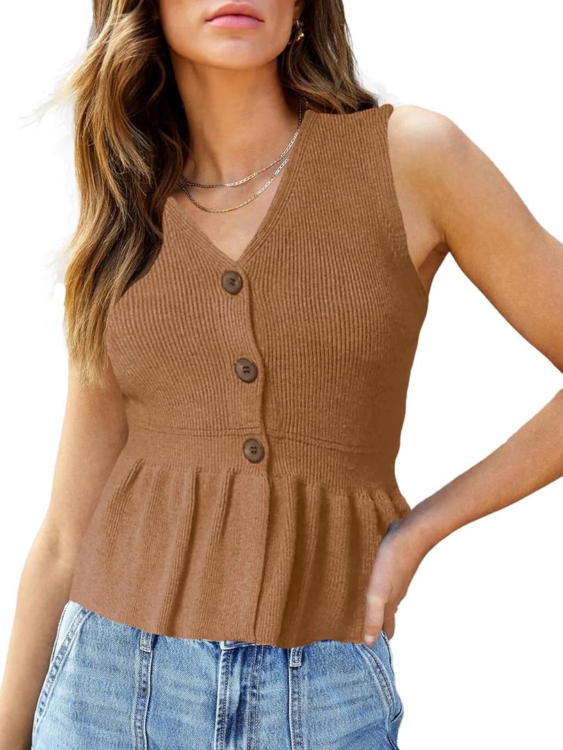 Womens Ruffle Hem Sweater Vests Sleeveless Peplum Cardigans V Neck Button Tank Top Knit Casual Vest Tops (Brown, L)
