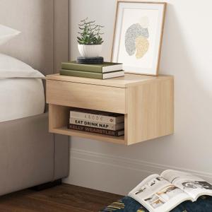 Nathan James Jackson Wall Mounted Floating Bedroom Nightstand with Storage Drawer and Modern Open Shelf Cubby, Light Oak Wood