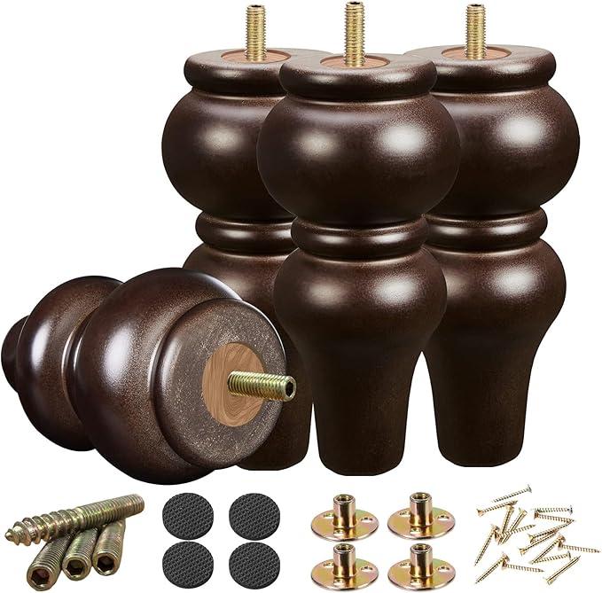 SHANJUE Round Mid-Century 8 Inch Wood Couch Legs Set of 4 Solid Eucalyptus with 5/16" and M8 Bolts 1102lbs Capacity Espresso Replacement for Sofa Cabinet Dresser