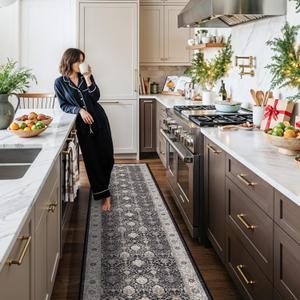 Hallway Washable Runner Rug - 2'6x14 Kitchen Rugs Entryway Rug Runner Vintage Soft Floor Mat Non Slip Indoor Farmhouse Carpet for Bathroom Living Room Bedroom (2'6''x14', Black)