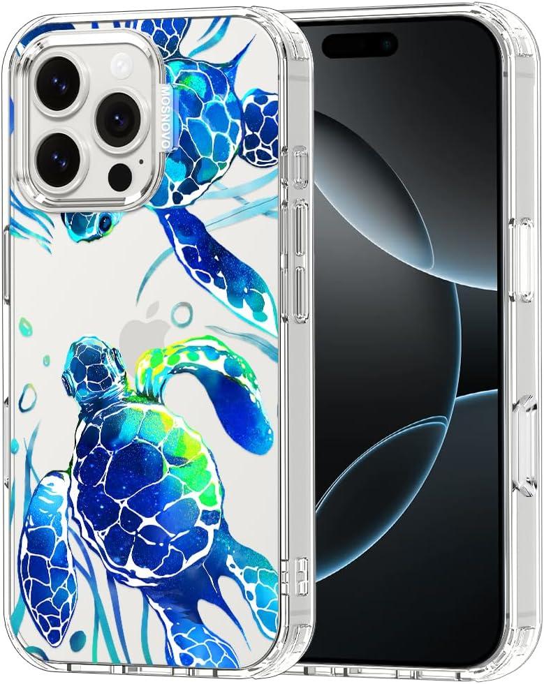 MOSNOVO Case for iPhone 16 Pro Max, [Buffertech 6.6ft Military-Grade Drop Protection] [Anti Peel Off Tech] Clear TPU Bumper Phone Case Cover Design - Sea Turtles