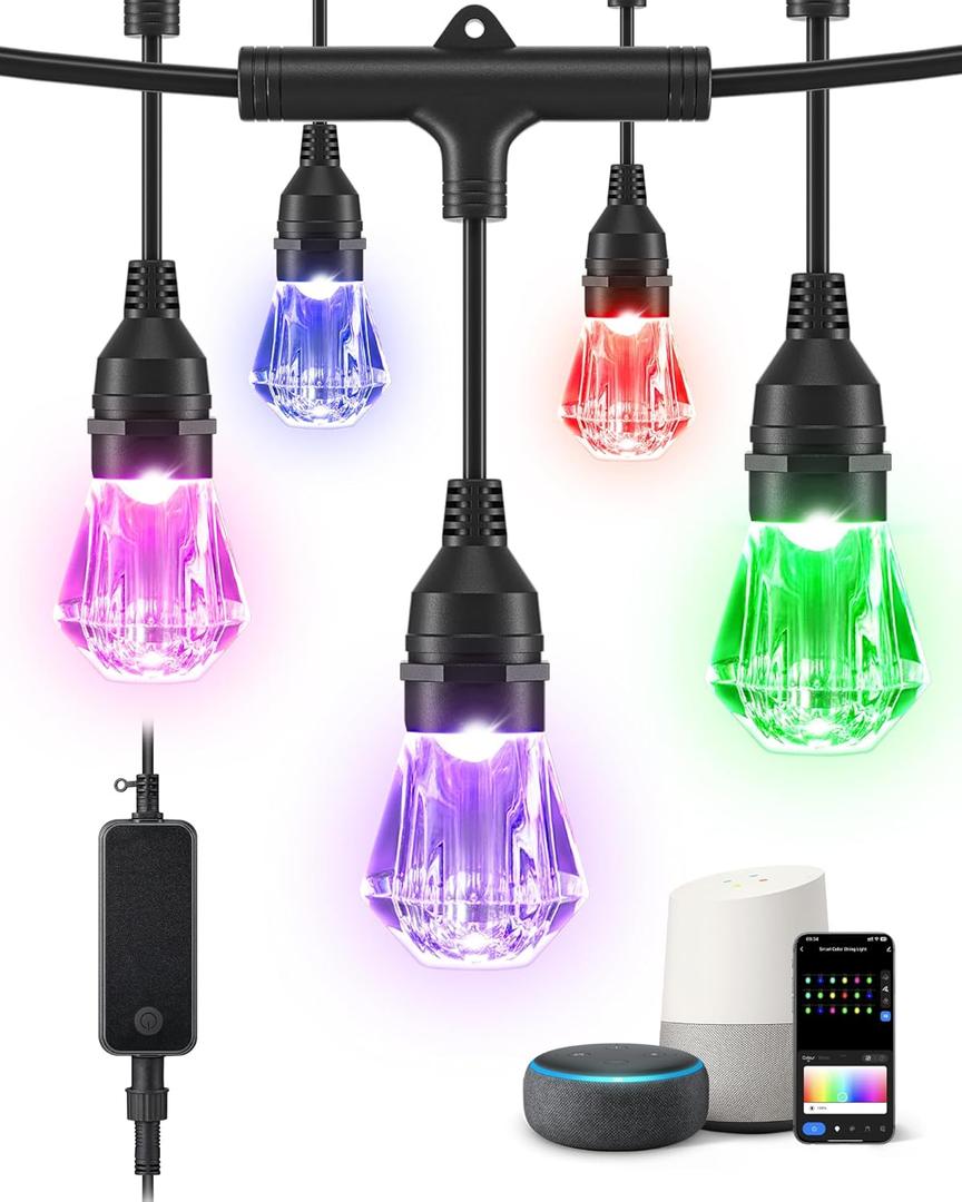 EDISHINE Smart String Lights, 48ft Outdoor Patio Lights with 18 Shatterproof Acrylic RGB LED Bulbs, APP & WiFi Control, Compatible with Alexa, Waterproof Dimmable Outdoor Lights for Halloween Decor