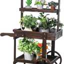 Hanaive Flower Cart Display Stand with Wheels for Bridal Shower Baby Shower Party Large Country Market Vintage Wooden 3 Tier Cart for Display Flower Candy Party Crafted Items (Carbonized Color)