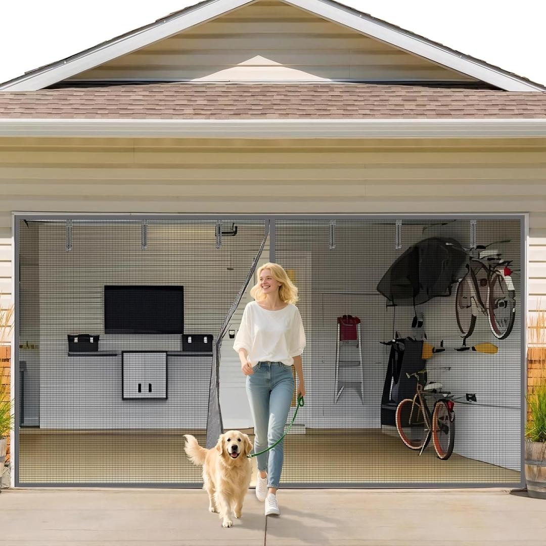 Garage Door Screen 1 Car 12x7ft Garage Screen Door,Upgraded PET Mesh Stronger Than Fiberglass and Polyester,Heavy Duty Weighted Bottom and Magnetic Closure,Hands Free,Easy Assembly