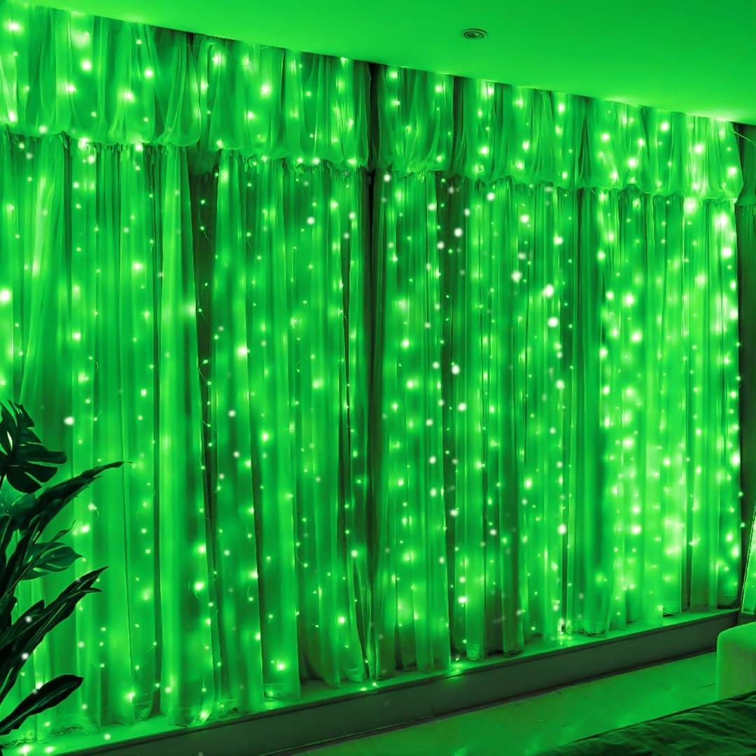 HXWEIYE 300LED Fairy Curtain Lights, 9.8x9.8Ft USB Plug-in 8 Modes Christmas String Hanging Lights with Remote for Bedroom Backdrop Wedding Indoor Wall Decor, Green, Standard  1 Pack