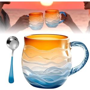 Sea Glass Sundown Mug 12 Oz, Handcrafted Ocean Wave Pattern Coastal Beach Themed Mug, Unique Textured Artistic Drinkware for Coffee Tea Gift for Ocean Beach Surf Lovers