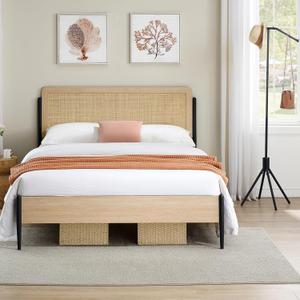 GarveeHome Full Size Boho Bed Frame with Natural Rattan Headboard & Solid Wood Footboard - Under Bed Storage Space, Quiet Noise-Free Design, No Box Spring Needed, Oak