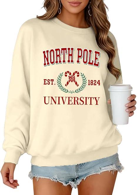 Christmas Sweatshirts for Women Merry Xmas Santa Snowman Shirts Cute Graphic Holiday Pullover Top Outfits Gift, Size L