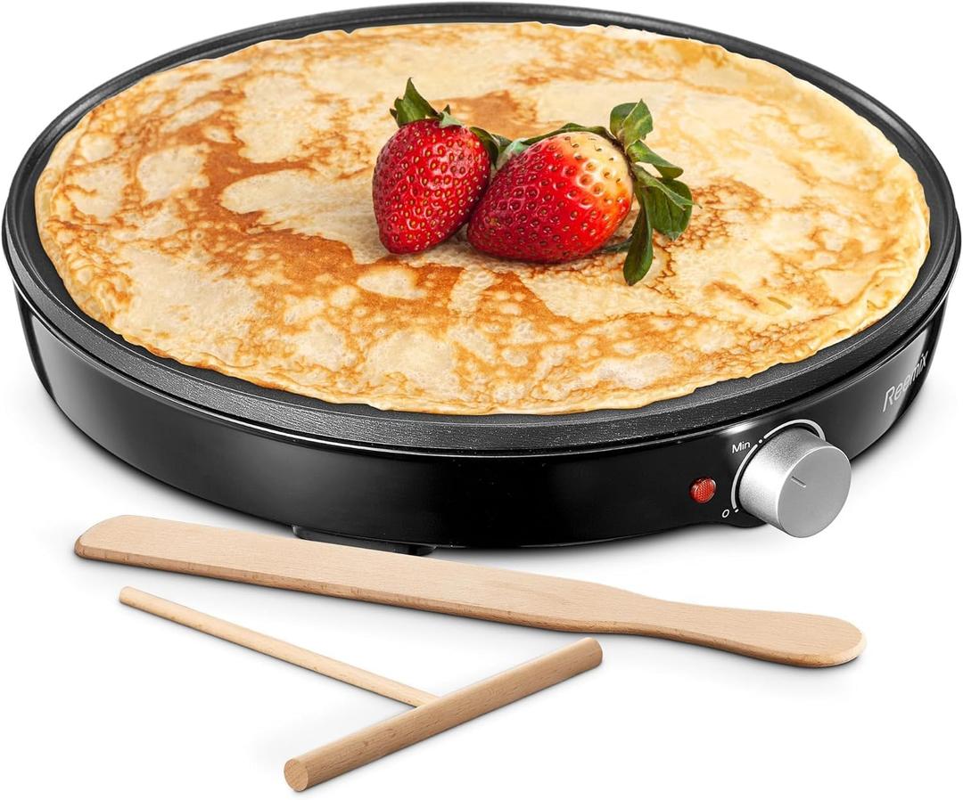 Crepe Maker Machine, Reemix Compact Pancake Griddle Precise Temperature Control, Nonstick 12 Electric Griddle, Batter Spreader for Eggs, Pancakes, Omelets and Quesadillas (Black)