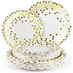 Disposable Plates for Party 50 Sets, 7'' & 9'' Paper Plates, Heavy Duty Golden Dot White Paper Plates Napkins Cups for Baby Shower Birthday Wedding