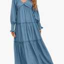 Women Summer Casual V Neck Long Sleeve Maxi Dresses 2026 Solid Ruffle Tiered Pleated Flowy Long Wedding Guest Dress XL
