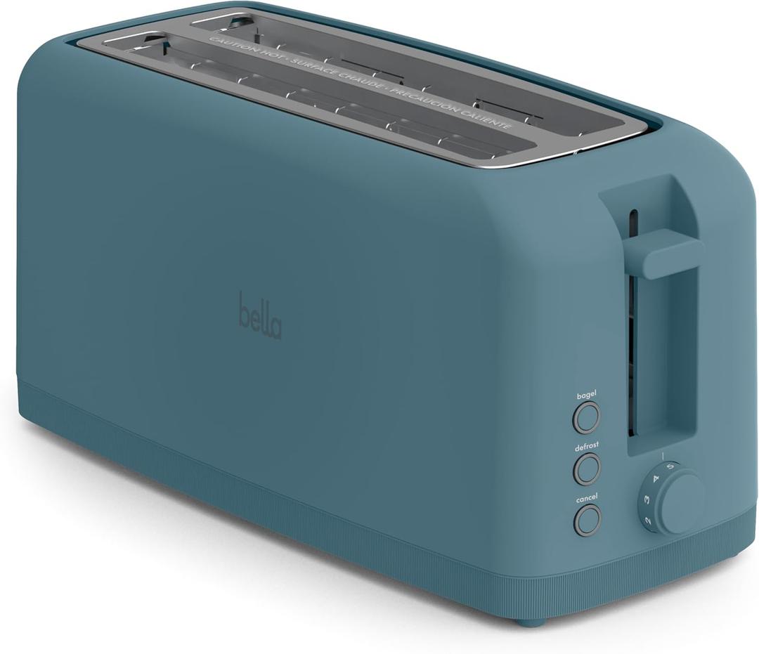 Bella 4 Slice Slim Toaster, Fits-anywhere Kitchenware, 6 Setting Shade Control with Reheat & Cancel Buttons, Fits Sourdough, 10 Long Slot, Anti Jam & Auto Shutoff, 900 Watt, Surf