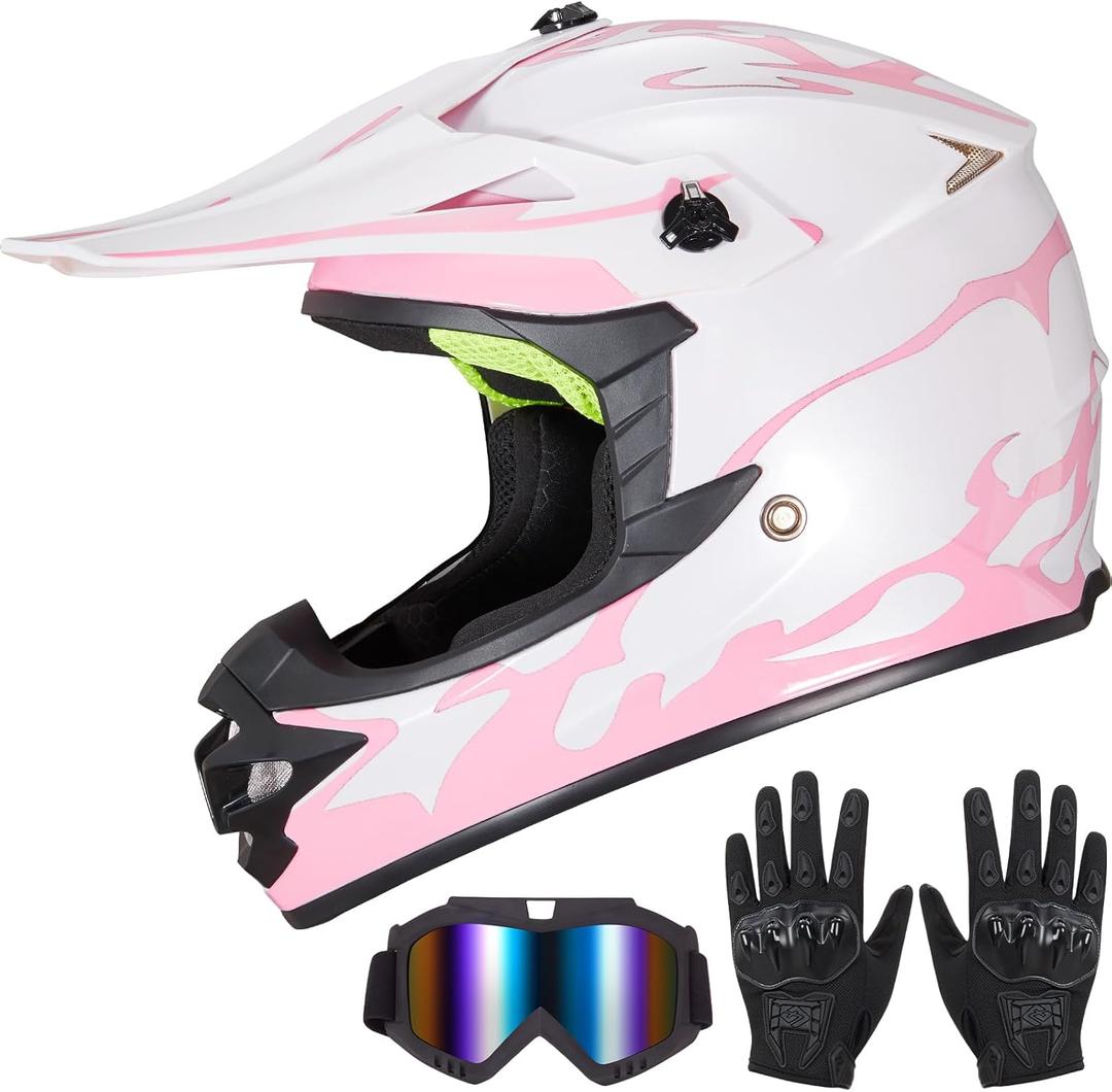 Youth Kids Dirt Bike Helmet for Boys & Girls,F001 Full Face Motorcycle Helmet for Off-Road ATV Street Riding Four Wheeler Mountain Bike with Goggles Gloves,DOT Approved(Pink Flame,M)