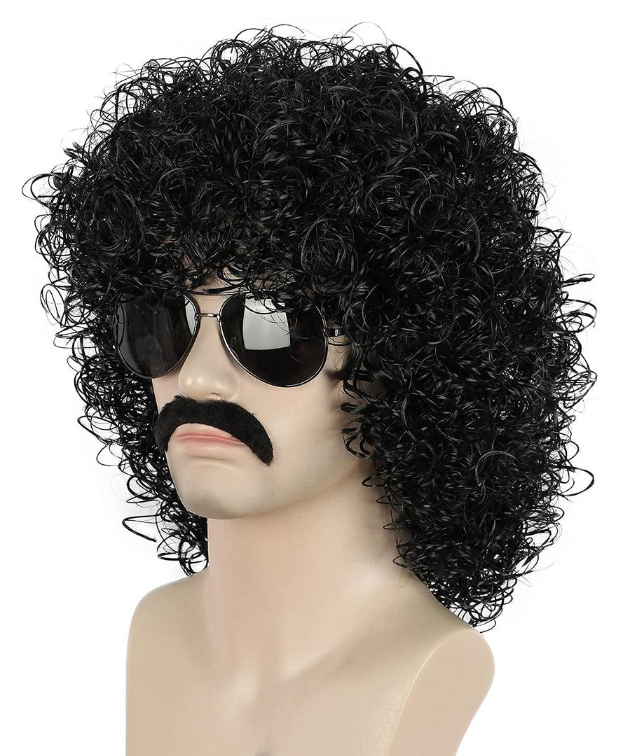 yuehong Black Curly Fluffy Jumbo 70s Afro Wig 80s Rocker Disco Party Costume Hair Heat Resistant Synthetic Fibers Soft Breathable Wig with Mustache