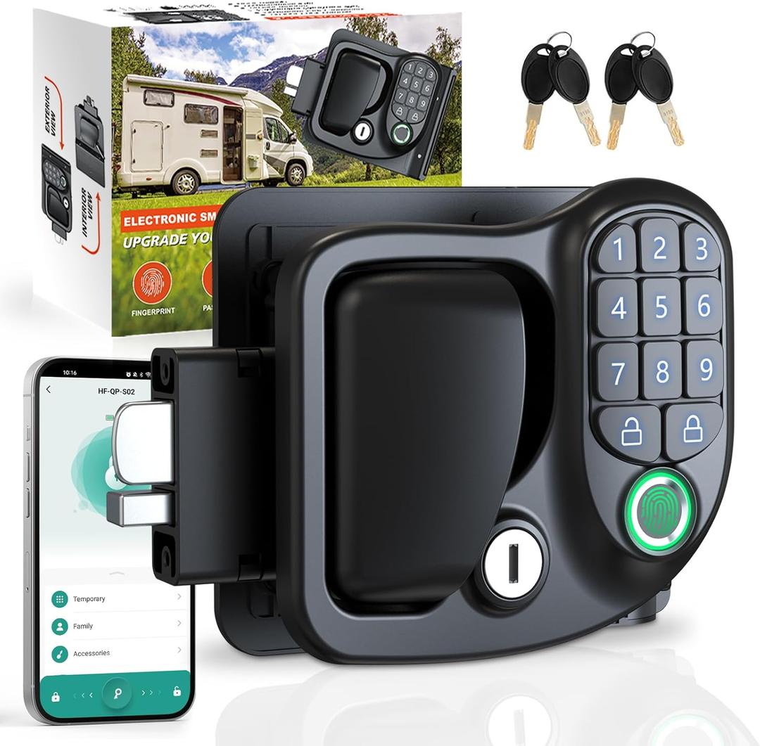 Upgraded RV Door Lock Replacement, RV Keyless Entry with Bluetooth, Fingerprint, Passwords, Keys, All Metal Zinc Alloy Security Kit for Trailer Door Camper Horse Trailer Cargo
