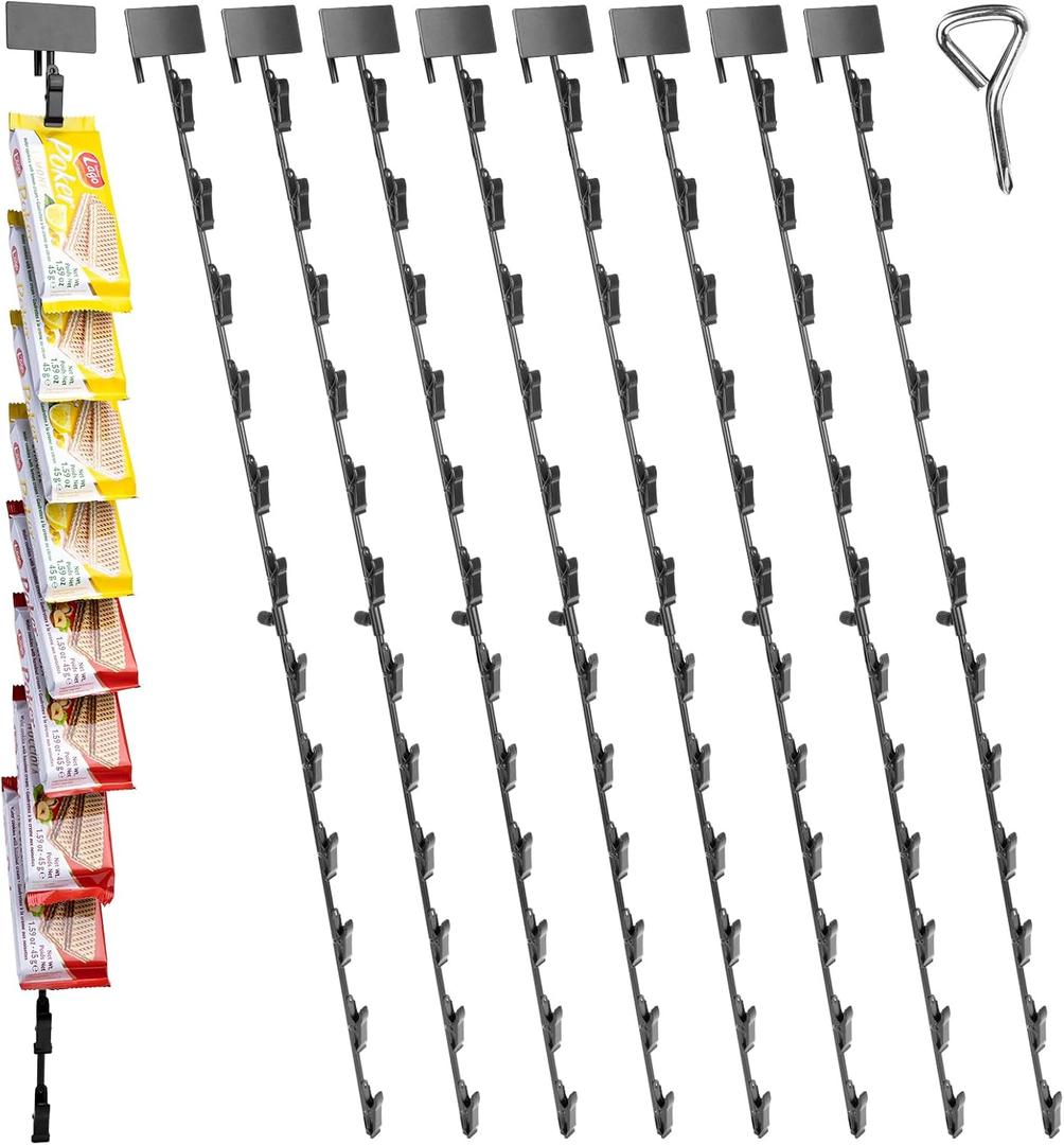 Oleitodh 9Pcs Hanging Merchandise Strips with Hooks, 31 inch Metal Retail Display Rack with Label Header, Chip Rack for Potato Chips, Snack, Party, Collection