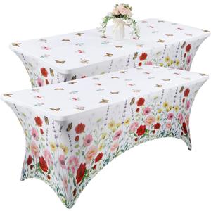 Moukeren 2 Pack Flower Spandex Tablecloth 6ft Stretch Table Cloths Fitted Rectangular Table Cover Washable Decorative Cloth for Party Wedding Banquet Birthday Celebration Decor(Poppy Flower)
