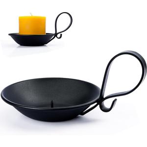 Matte Black Iron Pillar Candle Holder, with Handle, Simple Industrial Style ，Table Centerpiece Decoration，with Safety Spike.