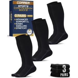 Pembrook 3 Pairs Copper Mens Compression Socks 20-30 mmHg, Running, Hiking, Athletic Cycling, Travel | Circulation Support (Medium, Black (Dark Gray Accents) - 3 Pairs)