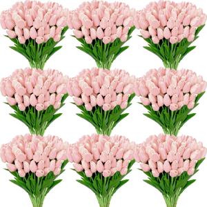 Janinka 100pcs Artificial Tulip Flowers Fake PU Tulips Faux Latex Bouquet Flower Centerpieces Arrangement Floral for Mother Day Wedding Spring Decorations (Light Pink)