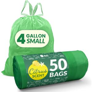 Reli. 4 Gallon Bags Drawstring (50 Count) | Citrus Scented Small Bags | Garbage Liners for Bathroom Can | 2 Gal - 3 Gallon - 4 Gal Small Can Liners (Green)