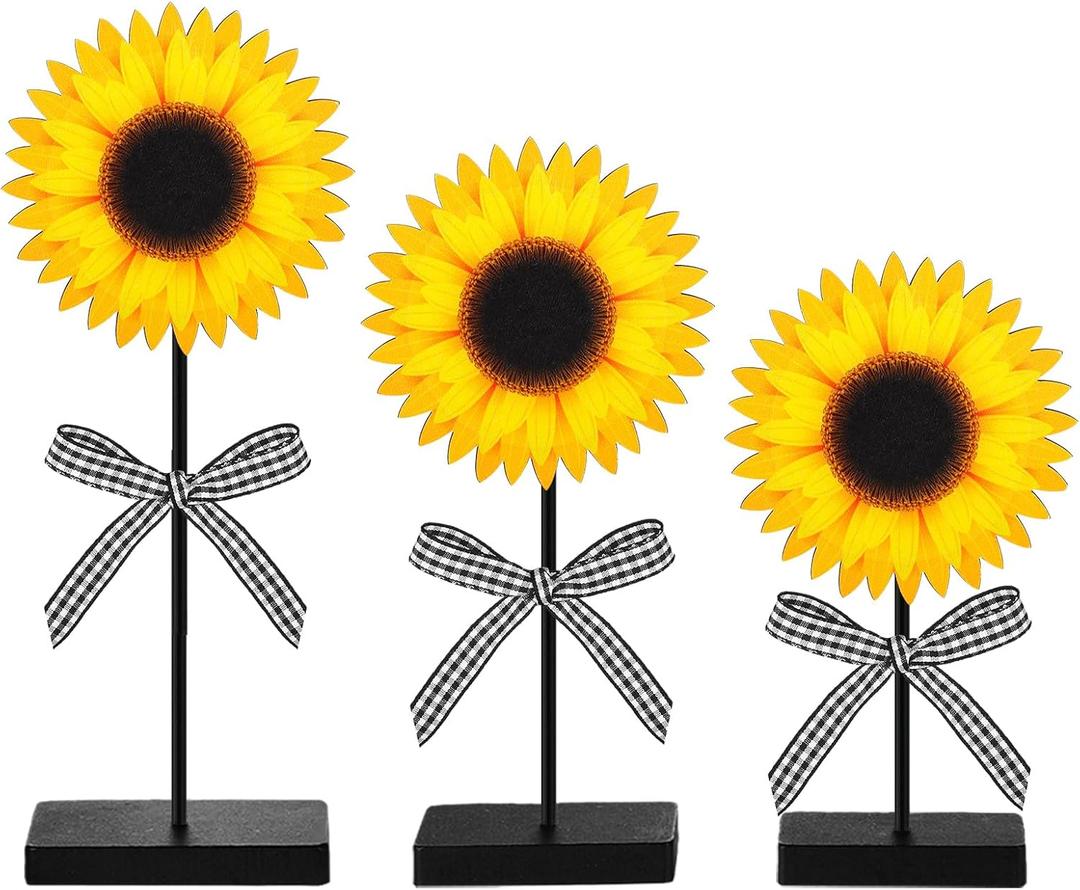 Geetery 3 Pcs Summer Sunflower Wood Table Sign Freestanding Sunflower Tabletop Decor Farmhouse Wooden Centerpieces for Tables Rustic Wood Tray Home Decor Standing Block Decorations for Kitchen