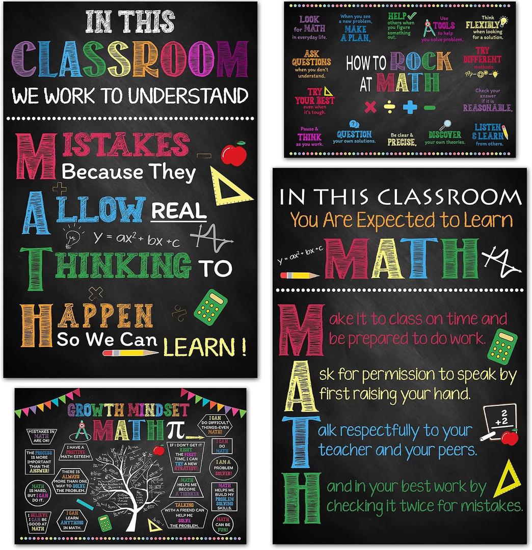 4 x BEAWART Math Posters, 4 Pack 11x17 Classroom Chart for Teacher Elementary | Supplies for Students, Decorations for Elementary, Middle, High School, Mathematics Education, Essential Signs Must Haves