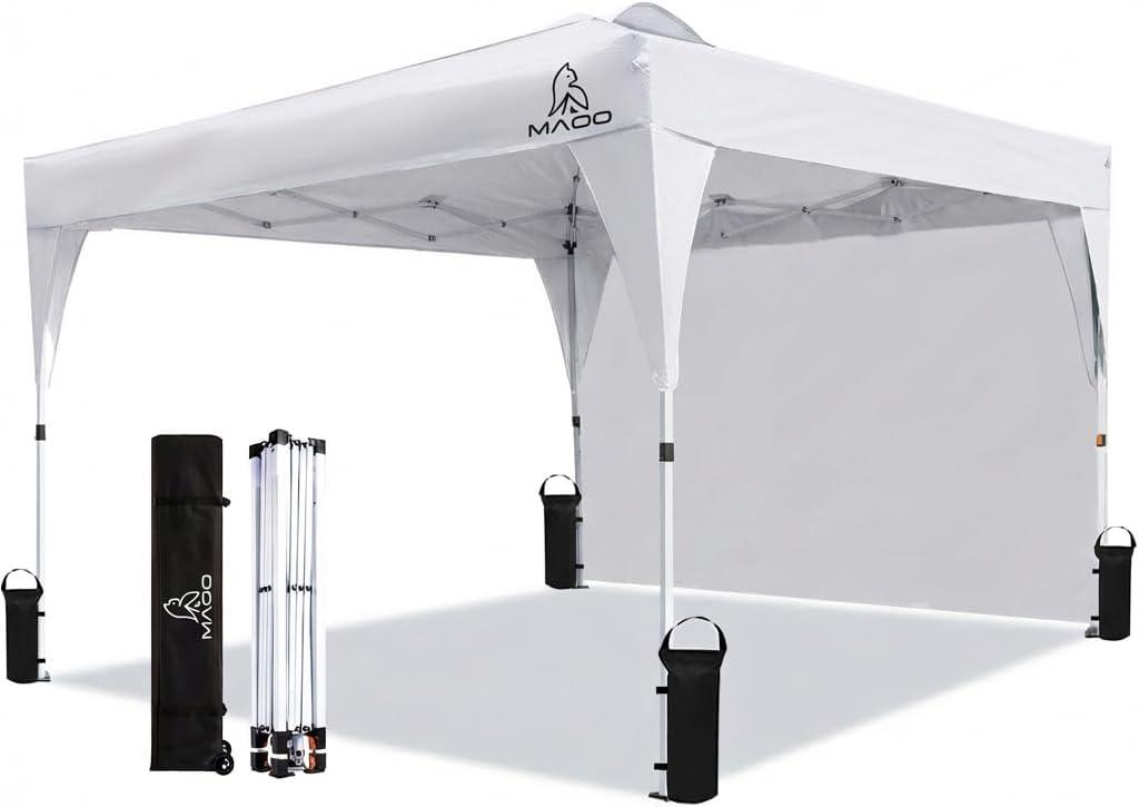 MAOO 10x10 Pop Up Canopy Tent with Sidewall, Easy Setup Instant Outdoor Canopy, 210D Silver Coated Waterproof UPF 50+ Sun Shade Shelter, Heavy Duty Steel Frame, Roller Bag,Khaki (White)