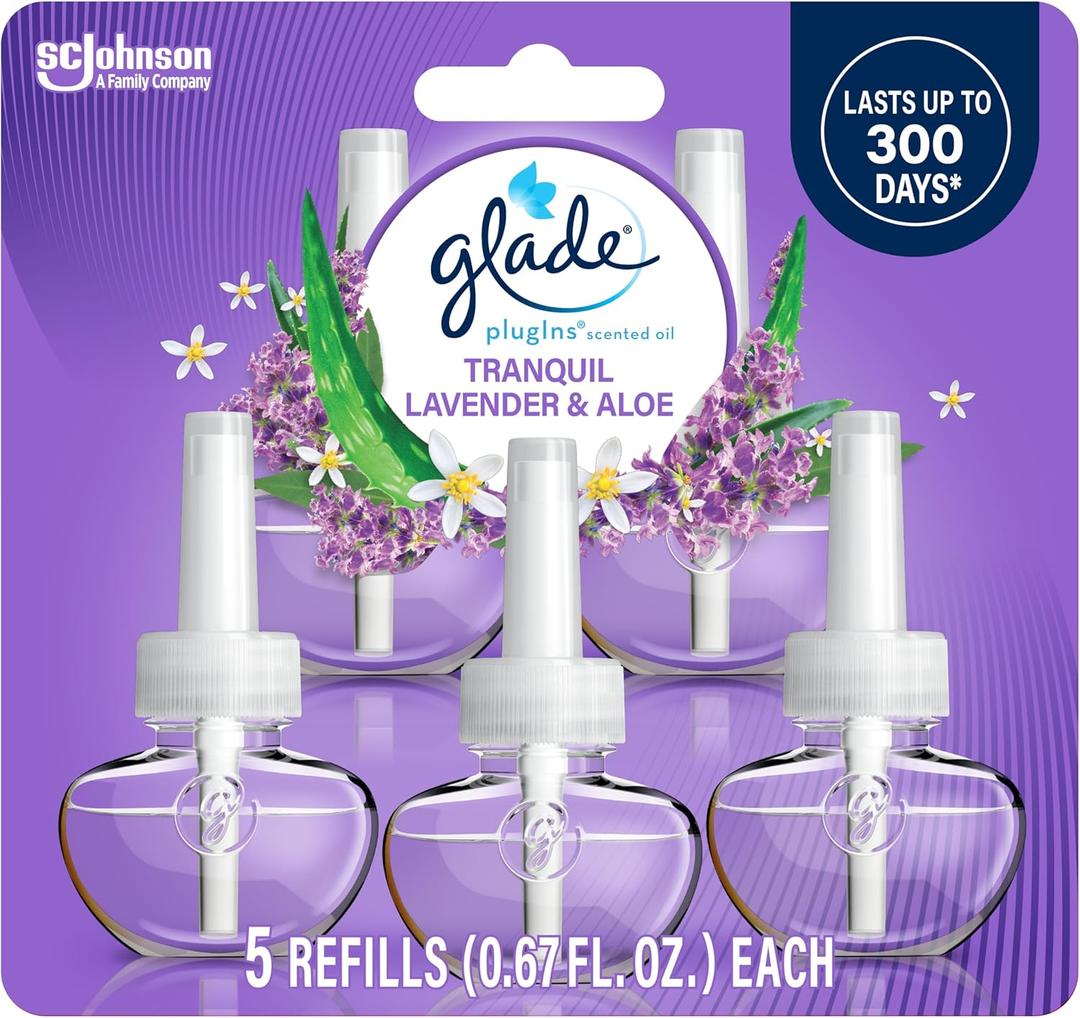 Glade PlugIns Refills Air Freshener, Scented and Essential Oils for Home and Bathroom, Tranquil Lavender & Aloe, 3.35 Fl Oz, 5 Count