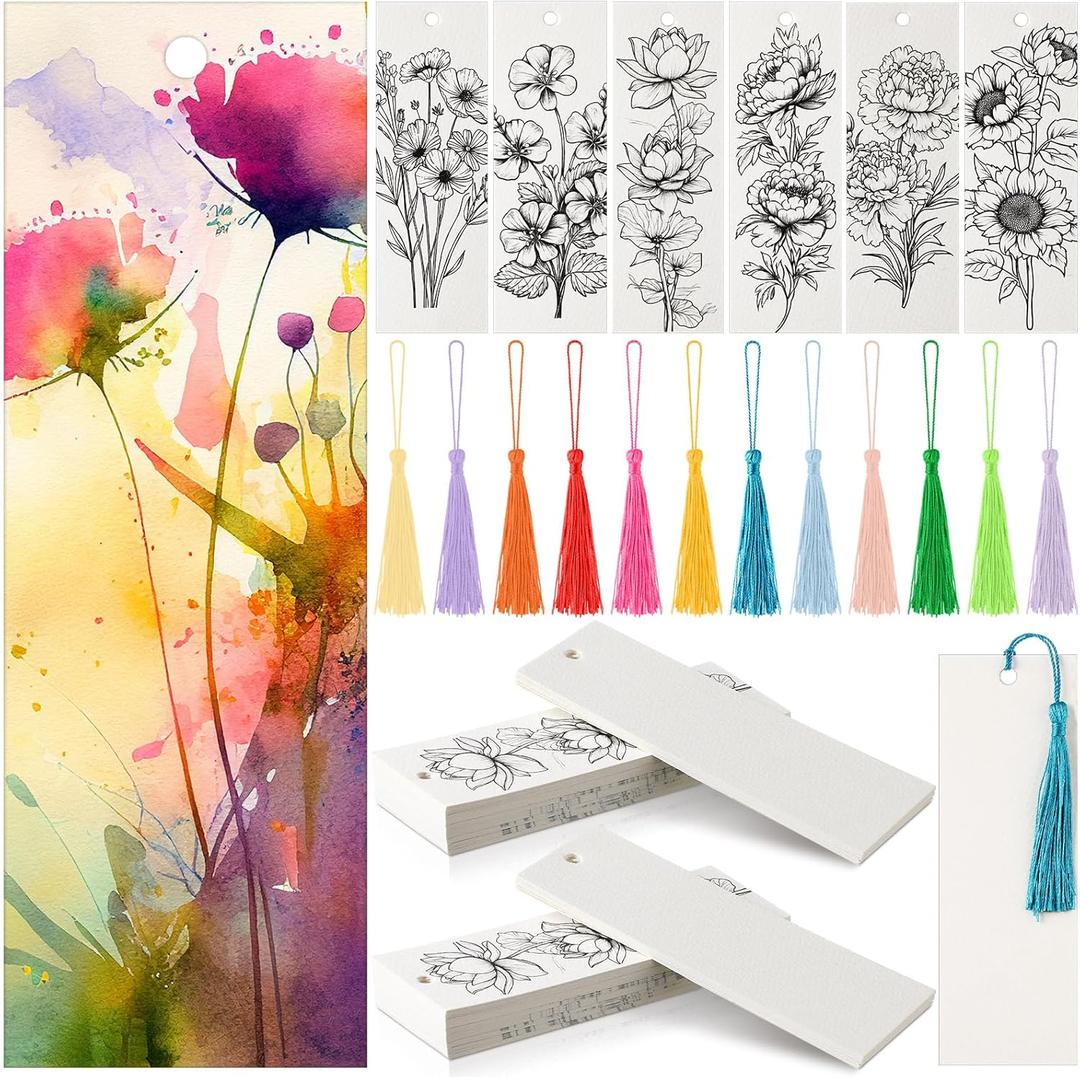 Sinmoe 120 Pcs Color Your Own Bookmarks 6 Styles Watercolor Bookmarks to Paint Card Stock Paper Watercolor Colorful Tassels Craft DIY for Classroom Projects Gifts Tags 5.9 x 2 Inch(Flower)