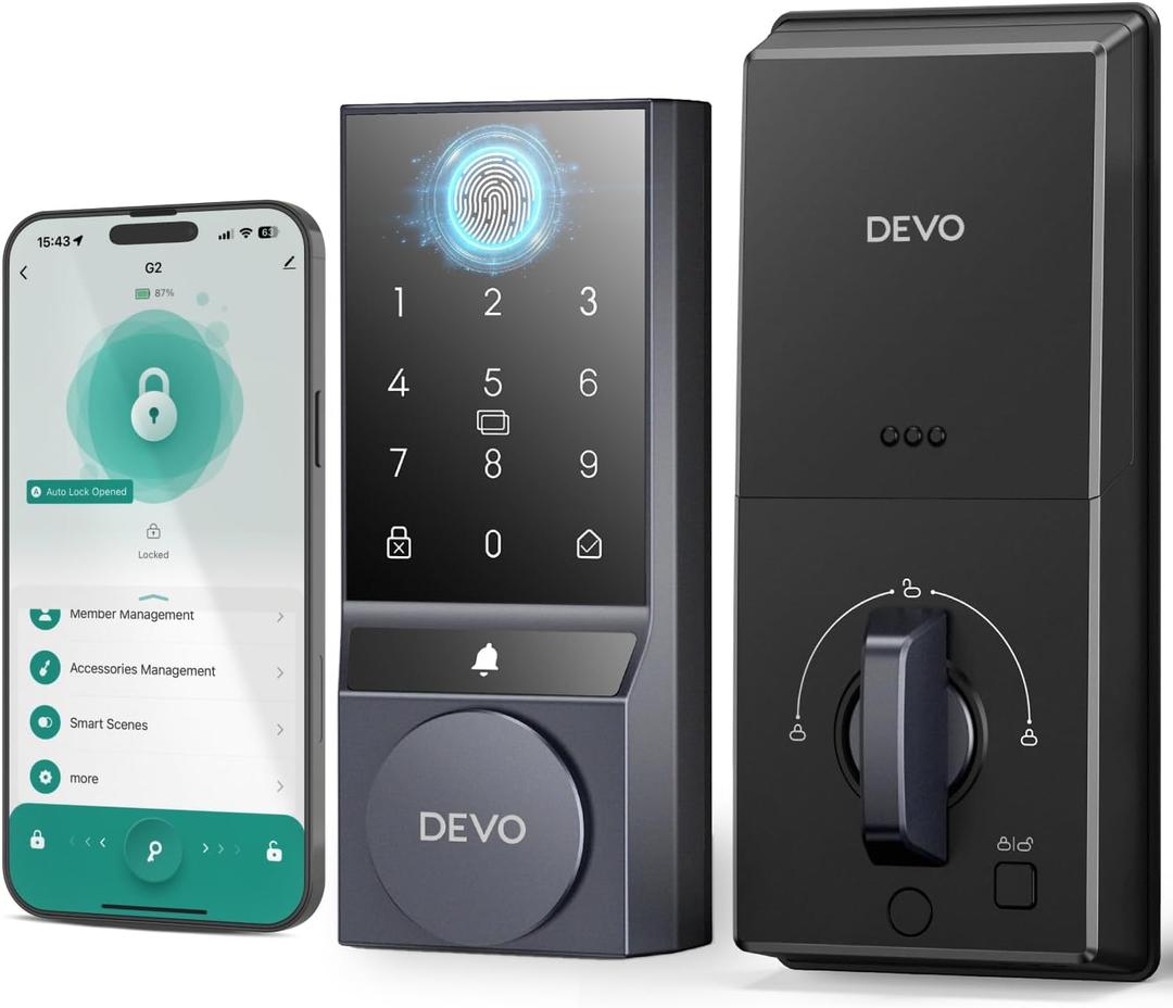 Devo G2 Fingerprint Smart Door Lock, Keyless Entry Door Lock, App Control, Smart Locks for Front Door, Smart Deadbolt Lock, Built-in Bluetooth, Touchscreen Keypad, 8 Months Battery, IP54 Waterproof