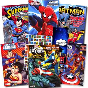 Superheroes Giant Coloring & Activity Book Bundle with 6 Assorted Books with Superhero Pin, Wristband, and More ~ Avengers, Spiderman, Superman, Batman, Captain America!