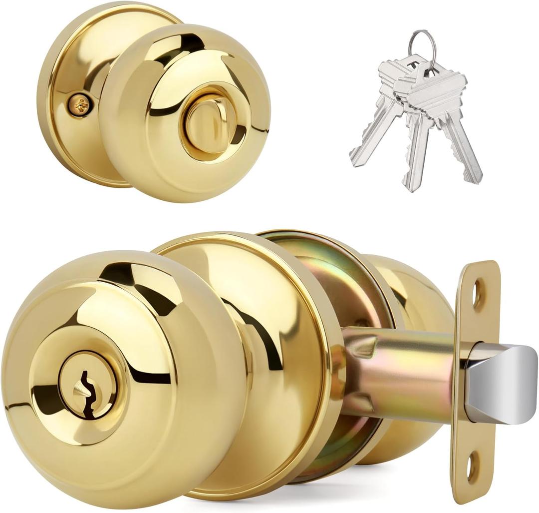 Flat Ball Door Knob with Keys and Lock, Keyed Entry Round Design Doorknob for Front/Entrance Doors, Polished Brass Finish (1 Pack)