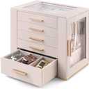 Homeanda Jewelry Box for Women with Glass Lid, 5 Drawers Jewelry Organizer and Storage for Necklaces, Rings, Earrings, Bracelets, Gift for Girls and Teens,PU Leather (Beige)