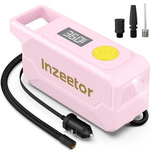 Inzeetor 150 PSI Tire Inflator Portable Air Compressor, 12V DC Auto Shutoff Air Pump with Digital Pressure Gauge and Emergency LED Light for Car Tires, Bicycle & Balloons, Pink