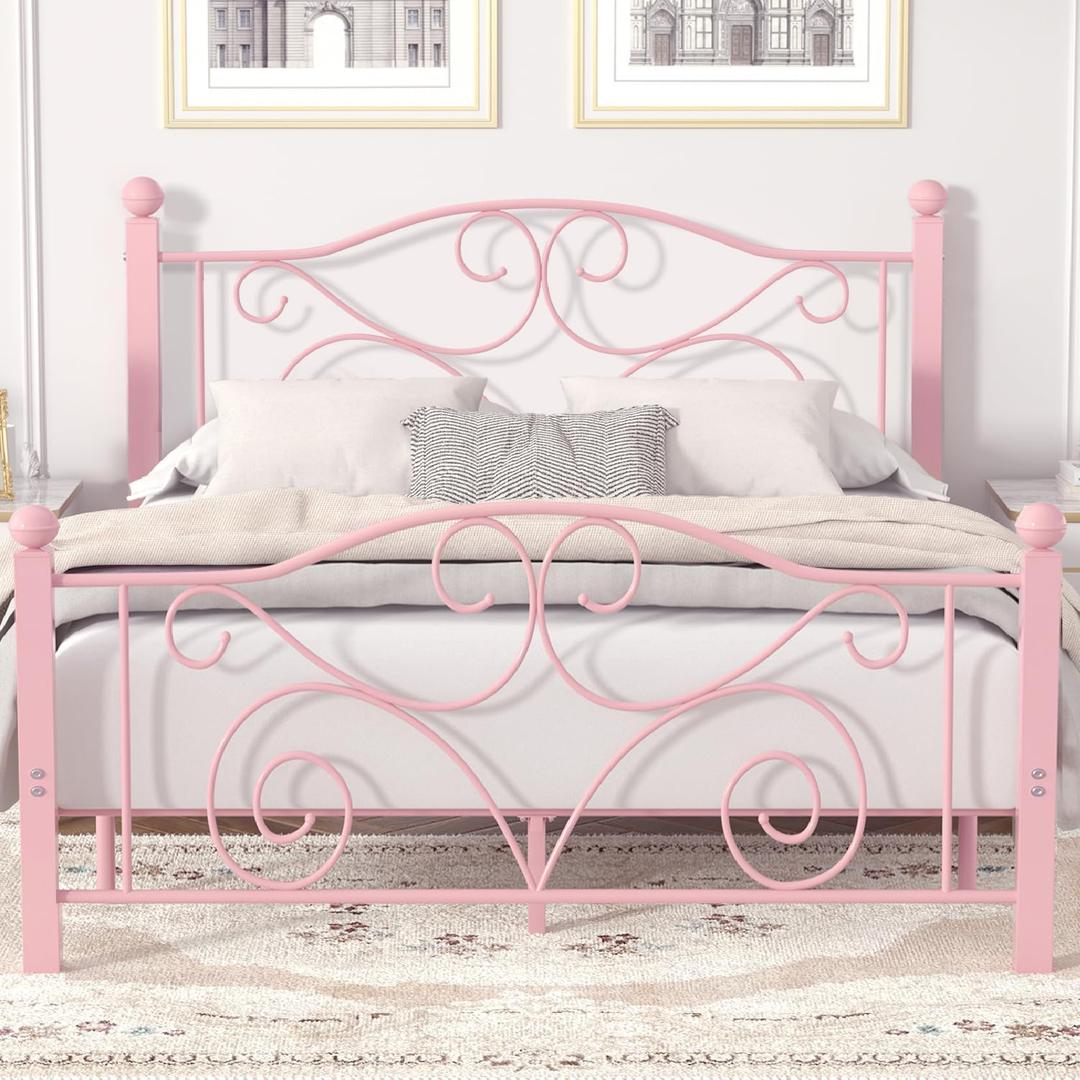 VECELO Queen Size Bed Frame with Headboard and Footboard, Heavy Duty Metal Slat Support, Platform Mattress Foundation, No Box Spring Needed, Easy Assembly, Light Pink