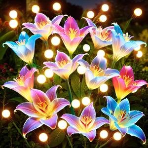 WdtPro Solar Garden Lights with Swaying Lily Flowers 4 Pack, Color Changing Solar Lights Outdoor Waterproof for Outside Yard Patio Garden Cemetery Decoration,Gifts