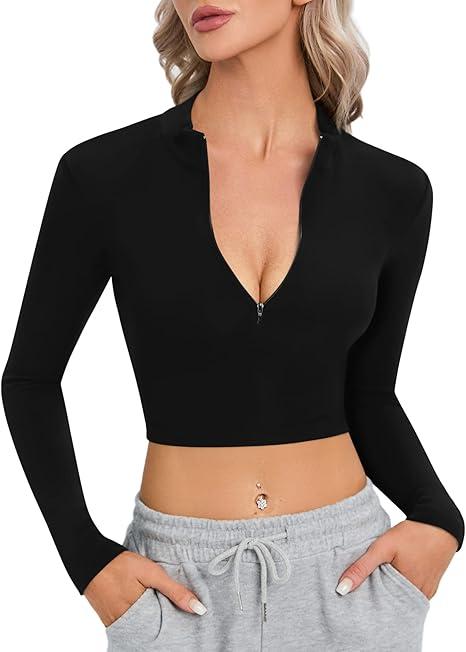 CLOZOZ Long Sleeve Crop Tops for Women Mock Turtleneck Zip Up Sexy Fitted Cropped Shirts Trendy, Size M