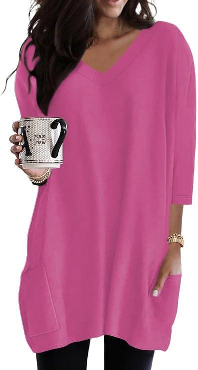Poetsky Womens Tunic Tops for Leggings with Pockets Vneck 3/4 Length Sleeve Shirt Casual Long T-Shirts S-3XL (Pink, S)