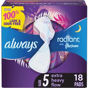 Always Radiant Flexfoam Pads for Women, Size 5, Extra Heavy Overnight Absorbency, With Wings, Scented, 18Count